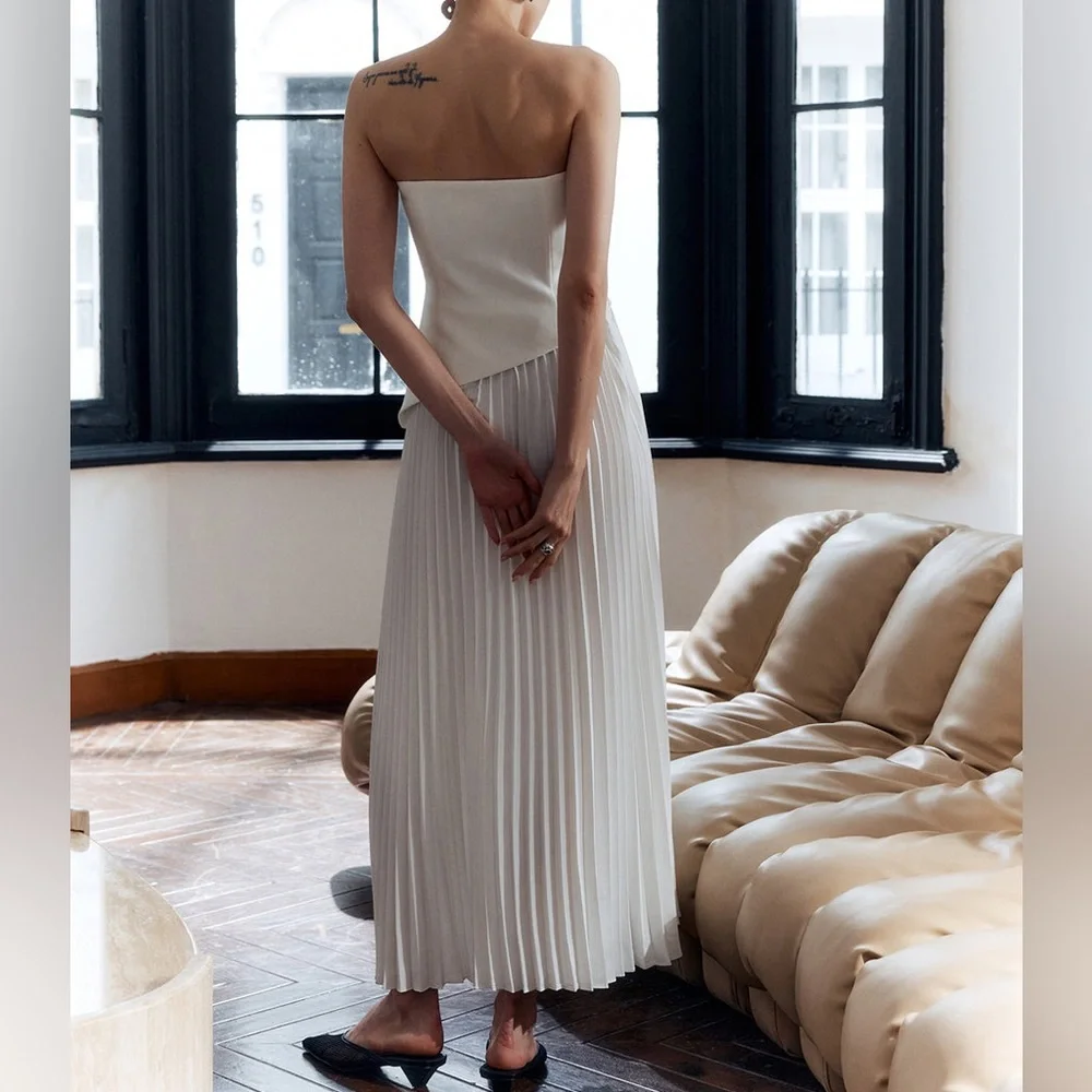 White contrasting Pleated Strapless Split hem asymmetrical top midi Dress - Picture 6 of 6